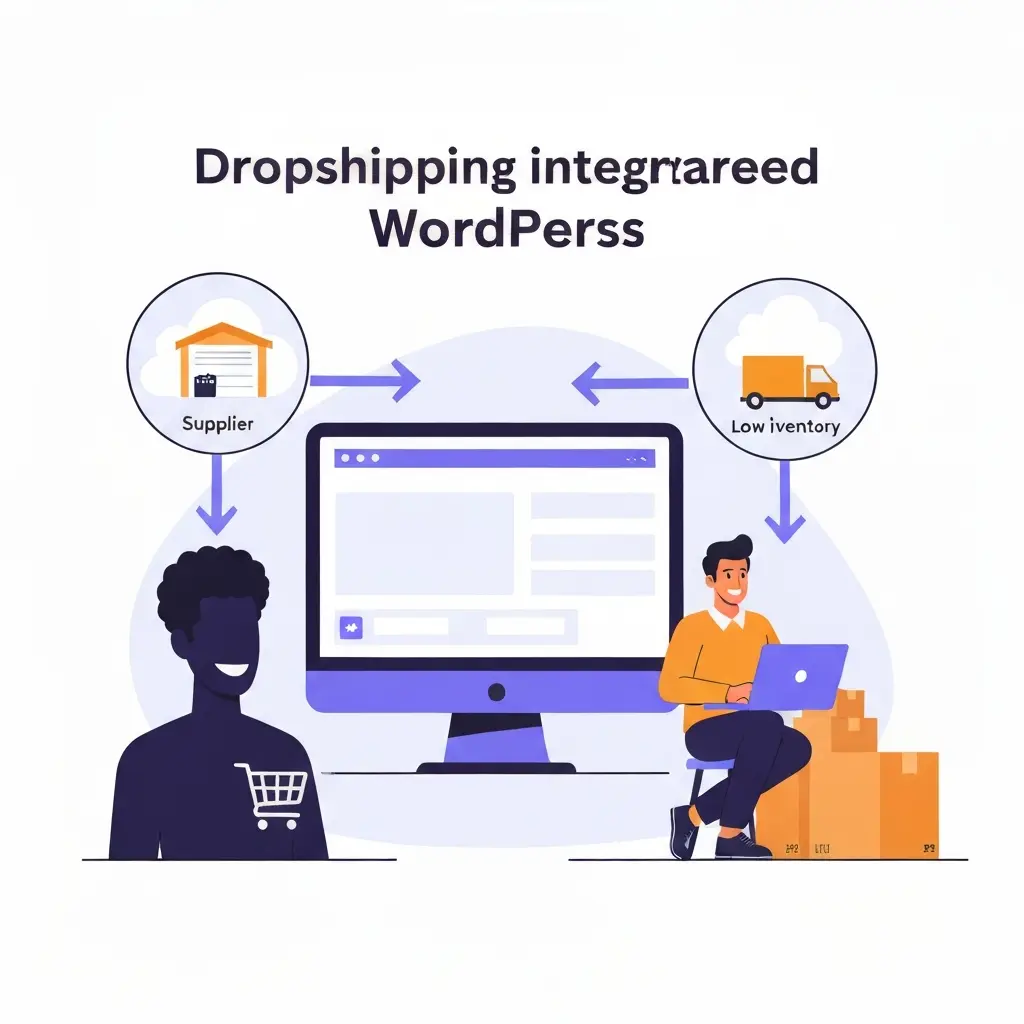 A vibrant flat illustration depicting the dropshipping process seamlessly integrated with WordPress. In the center, a stylized computer monitor displays a clean e-commerce store interface. An arrow flows from a diverse customer avatar (represented by a silhouette with a shopping cart icon) towards the monitor. From the monitor, another arrow points to a cloud-based supplier icon (depicting a warehouse and a small delivery truck). A third arrow goes directly from the supplier icon to the customer avatar, symbolizing direct shipping. An entrepreneur is shown cheerfully managing the WordPress site from a laptop, with no physical inventory boxes around them, highlighting the low-inventory benefit. Colors should be bright and inviting, conveying ease and efficiency.
