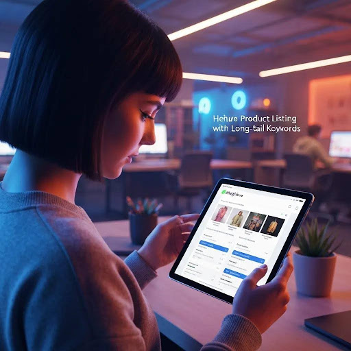 A Shopify dashboard being reviewed for long-tail keyword opportunities in an e-commerce setup