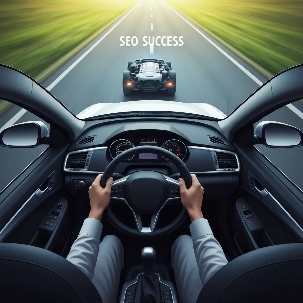 A conceptual digital art illustration showing a sleek, modern car driving confidently on a well-maintained road. The perspective is slightly elevated, looking towards the car's interior where hands are firmly gripping the steering wheel. The car is heading towards a bright, symbolic destination representing "SEO Success" on the horizon. The engine compartment of the car is subtly visible, perhaps with a soft glow, indicating its separate function. The emphasis is on the steering wheel's role in guiding the entire journey, symbolizing how alt text provides essential direction and control for overall SEO performance, even if it's not the direct "engine" of ranking.