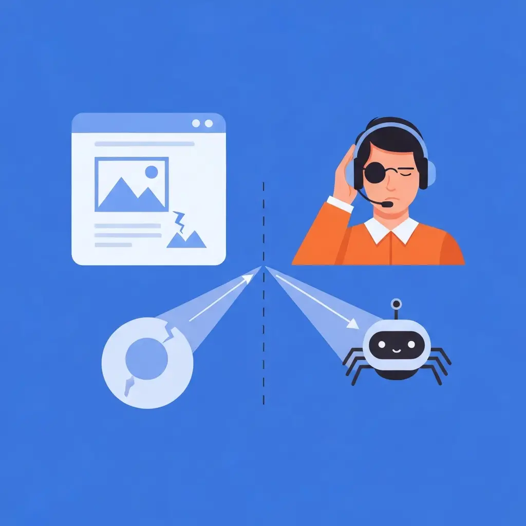 A vibrant flat illustration depicting a split scene. On one side, a simple webpage interface with a broken image icon and placeholder. From this placeholder, an invisible information flow or "bridge" extends outwards. On the other side, two distinct recipients: a stylized figure wearing a headset, listening intently (representing a visually impaired user with a screen reader), and a friendly, minimalist robot or spider icon (representing a search engine crawler). The overall image should clearly convey how alt text acts as a crucial, text-based bridge, connecting image content to both accessibility tools and search engine understanding when the visual image is unavailable or unreadable.