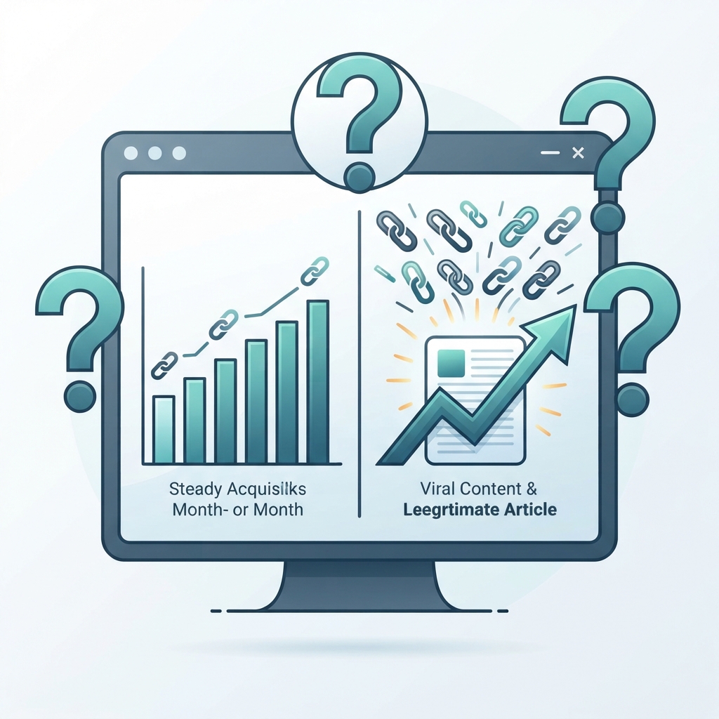 A clean, modern flat vector illustration representing a digital FAQ session about SEO and link velocity. The composition features large question mark icons alongside a split screen showing a steady, consistent backlink acquisition chart on one side and a viral content piece attracting legitimate links on the other. The design uses a professional corporate color palette of teal, slate gray, and white, making it visually engaging and easy to understand for an informational blog post.