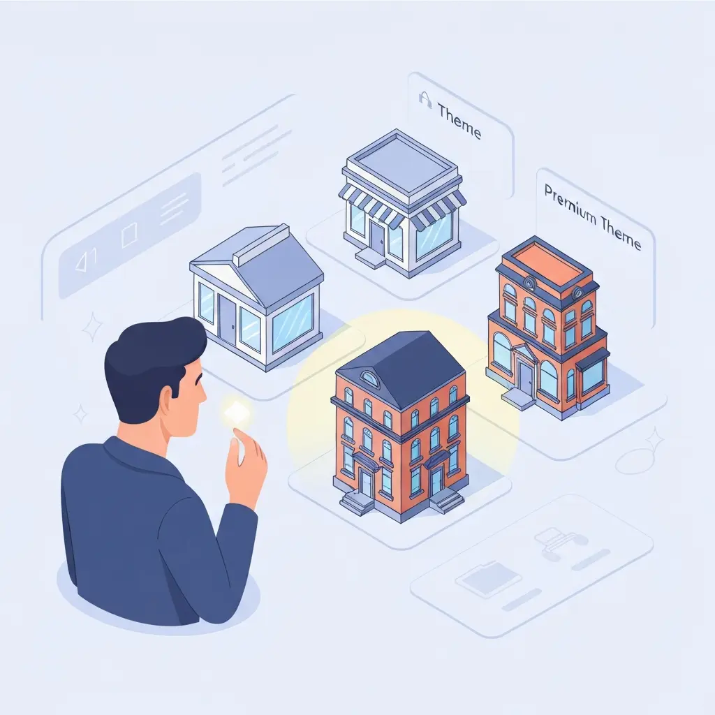 A stylized isometric illustration showcasing a discerning person, representing a Shopify store owner, carefully choosing a digital 'theme' from a diverse array of options. The themes are visualized as various architectural blueprints or distinct storefront facades, ranging from a basic, functional structure (representing a free theme) to a more sophisticated, customizable, and visually rich building with intricate details (representing a premium theme). The owner's gaze is thoughtful, with a subtle glow or spotlight highlighting the premium option, hinting at its enhanced potential. The background features abstract digital interface elements, emphasizing the foundational importance of theme selection for an online store. Use a clean, modern aesthetic with a soft, inviting color palette.