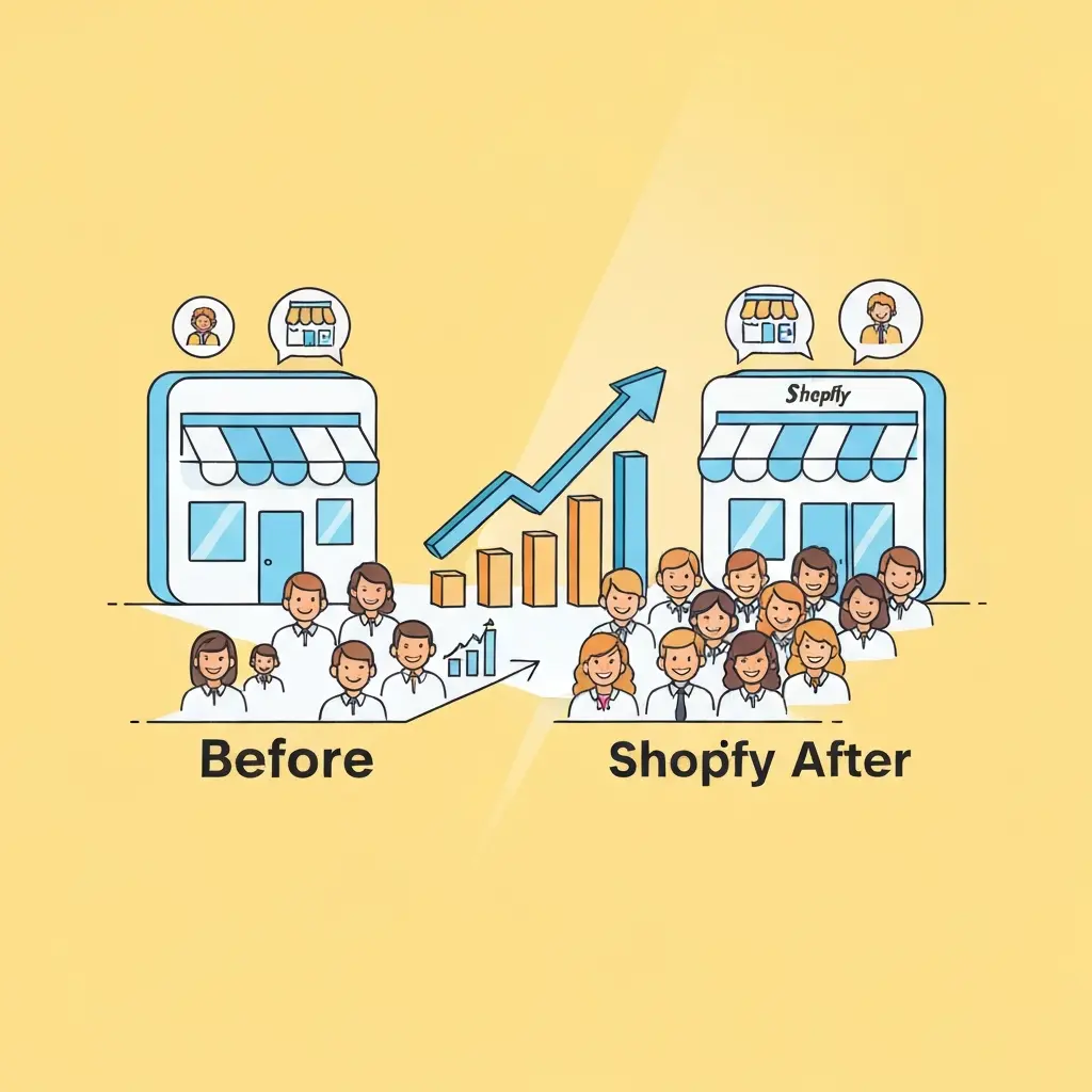 A vibrant, modern infographic style illustration depicting the transformative impact of a visually appealing Shopify store. On one side, a minimalistic, dull storefront icon with a sparse trickle of customer avatars and a flat sales graph. On the other, a bright, dynamic, and elegantly designed Shopify storefront icon, bustling with numerous happy customer avatars flowing towards it. A prominent, upward-trending arrow or a soaring bar graph connects to this vibrant side, symbolizing a significant increase in conversions and sales, growing exponentially. The scene should convey a clear 'before and after' effect, focusing on growth and success driven by aesthetic improvement. Use clean lines and a professional, inviting color palette.