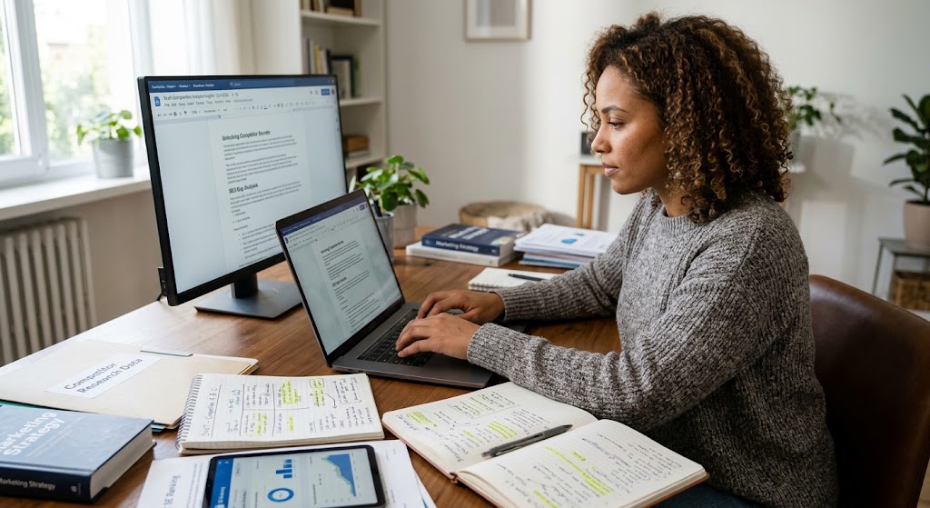 Content writer typing on a laptop, creating an article to share detailed competitive analysis insights