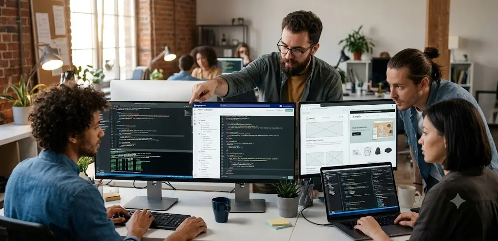 Designer working on a computer, adjusting the visual layout of a Shopify store