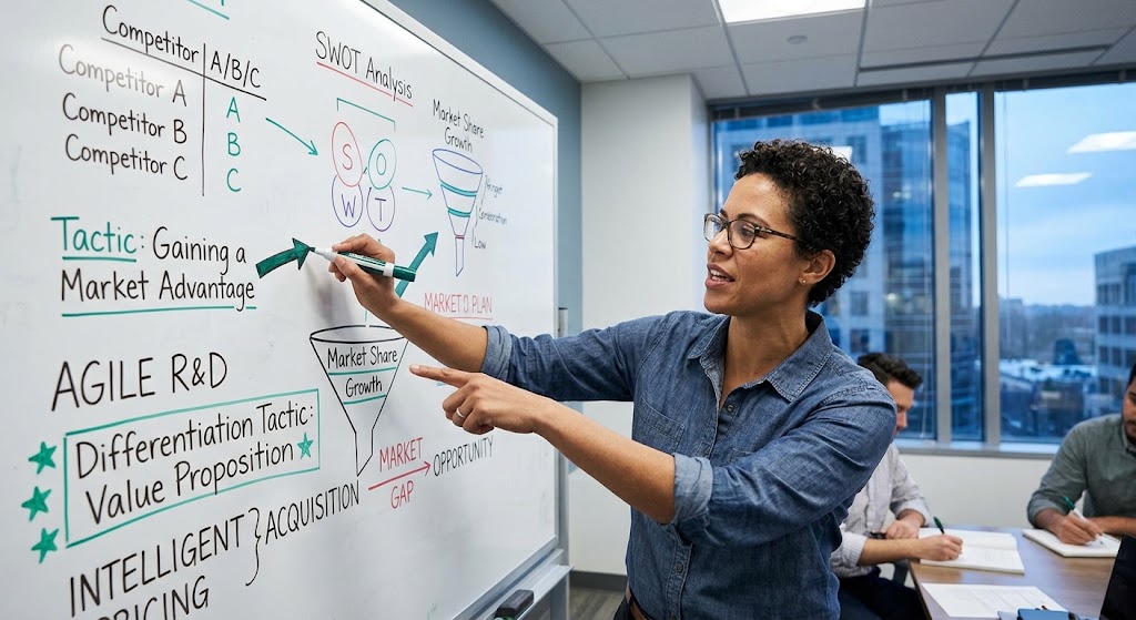 Strategist drawing a plan on a whiteboard, emphasizing key tactics for gaining a market advantage
