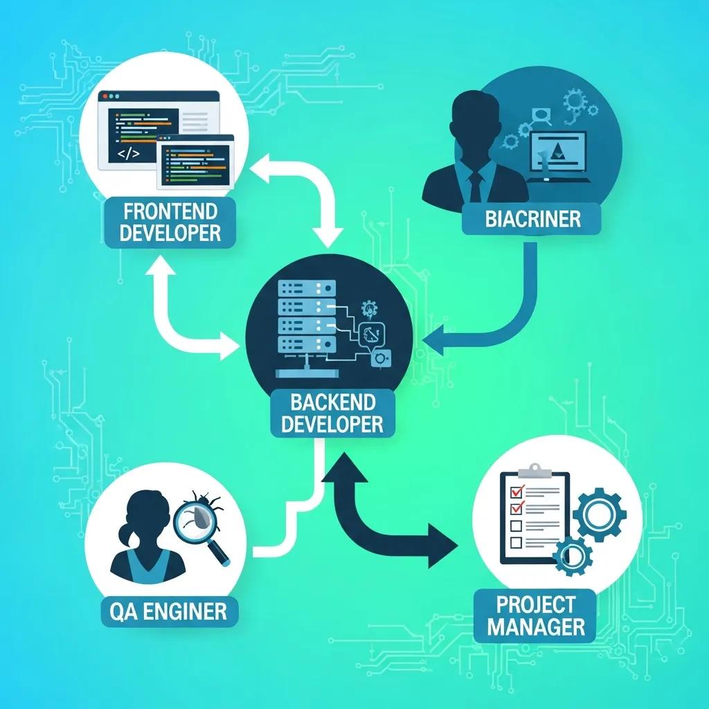 Illustration of various development team roles and their functions
