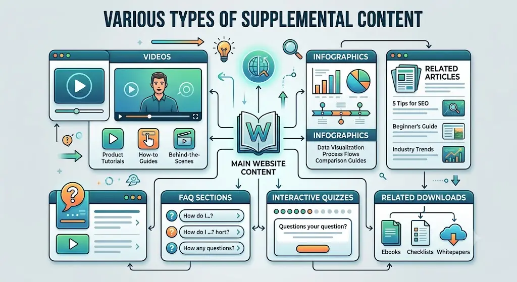 Diagram illustrating various types of supplemental content including videos, infographics, and related articles