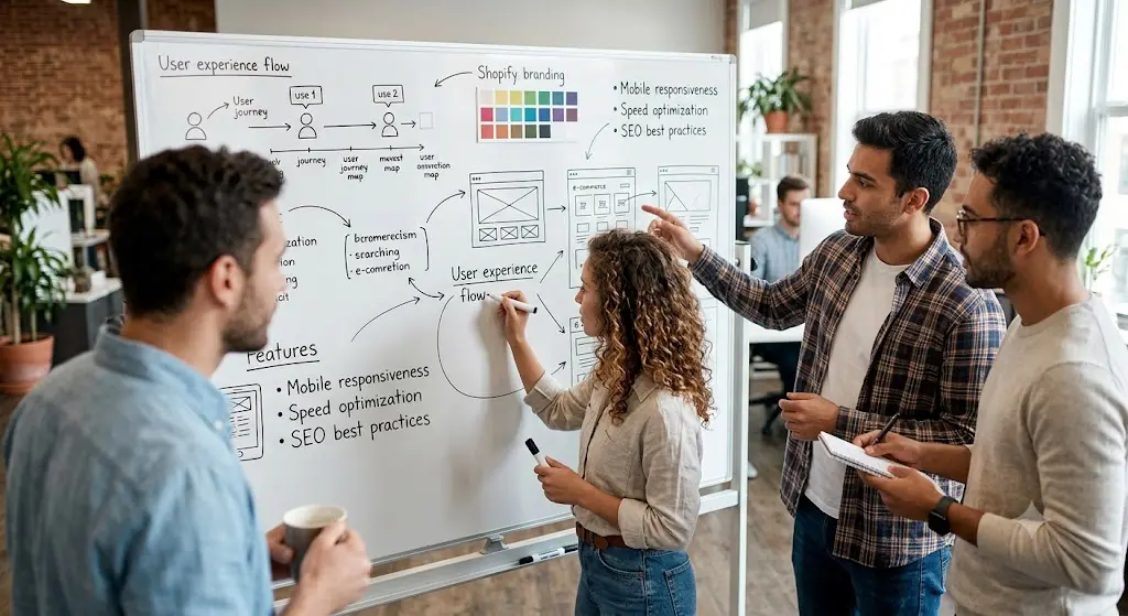 Team of developers collaborating on Shopify code on multiple computer screens