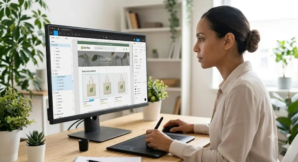 Entrepreneur using a laptop to upload product images and descriptions to their Shopify store