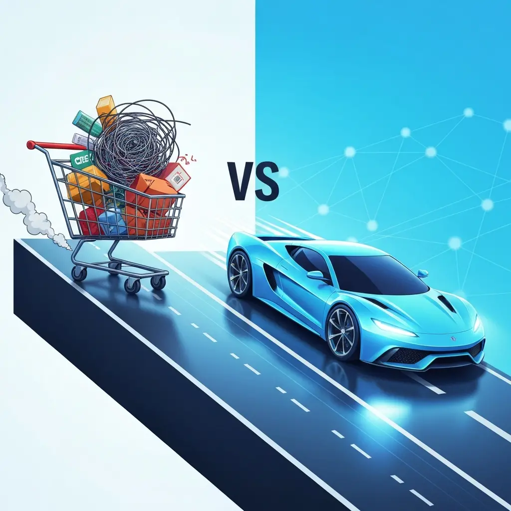 A vibrant, infographic-style illustration contrasting a slow, struggling website with a fast, optimized one. On one side, depict a heavy, outdated shopping cart barely moving up a steep digital road, laden with bulky, unoptimized elements like oversized image files and tangled code spaghetti. Smoke might puff from its wheels. On the other side, a sleek, futuristic sports car, streamlined and aerodynamic, effortlessly glides up a smooth, open digital highway. The fast car is bright and modern, perhaps with subtle speed lines. The background could feature abstract network lines or data streams, emphasizing the digital context. The overall feeling should be one of clear improvement and efficiency.