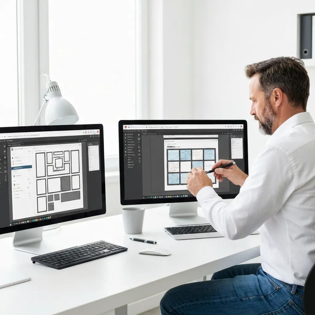 Designer laying out multi‑screen web layouts and interactions