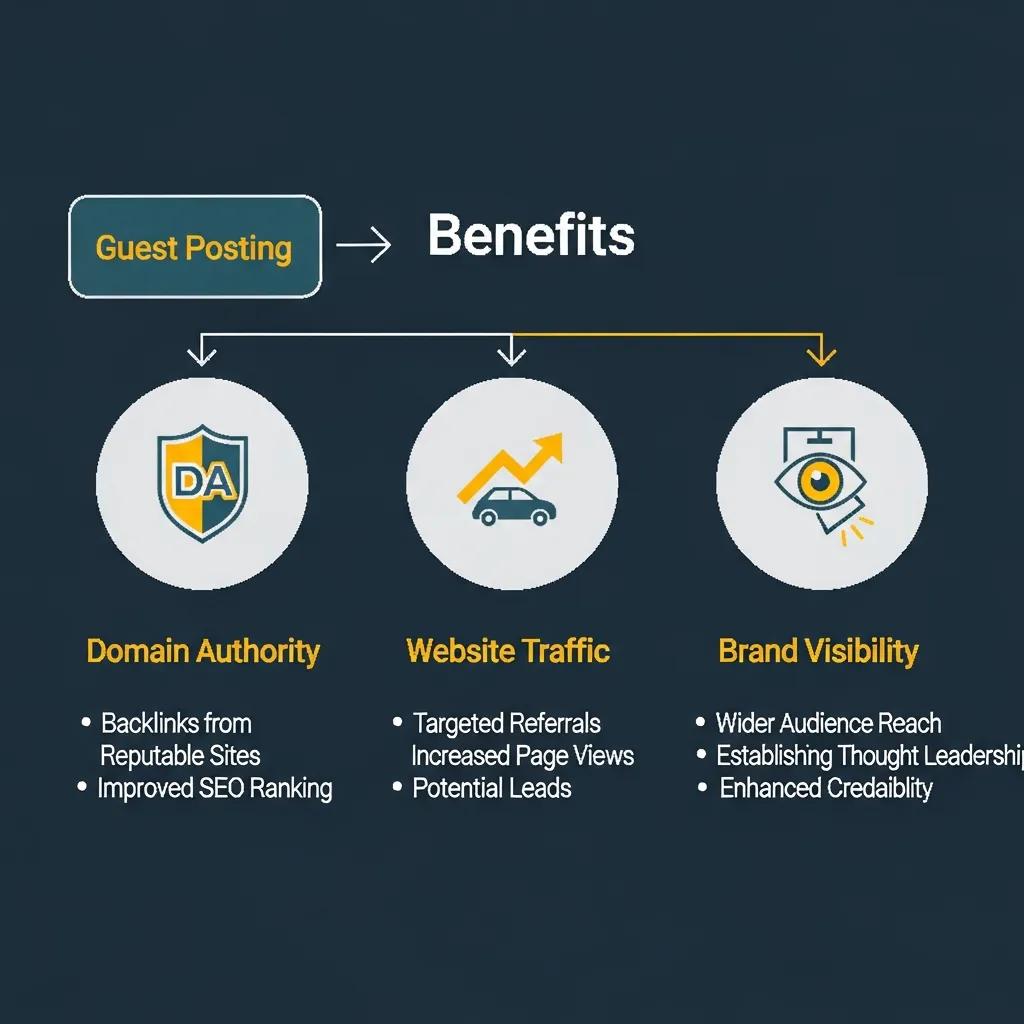 Icons for domain authority, traffic growth, and brand exposure illustrating guest posting benefits