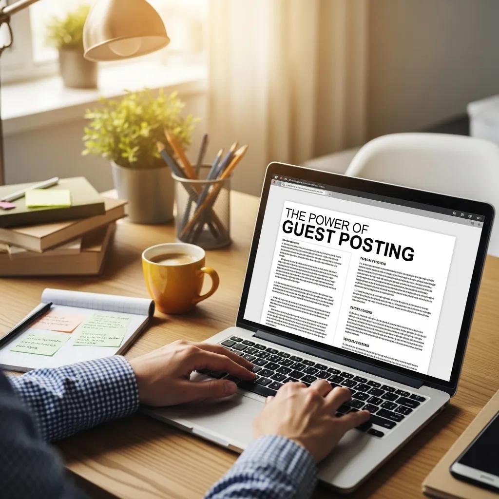 Person writing a guest post in a cozy workspace