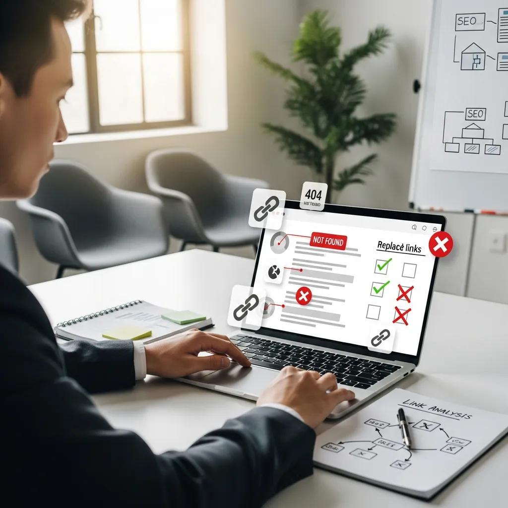 Individual analyzing broken links on a laptop in a modern office environment