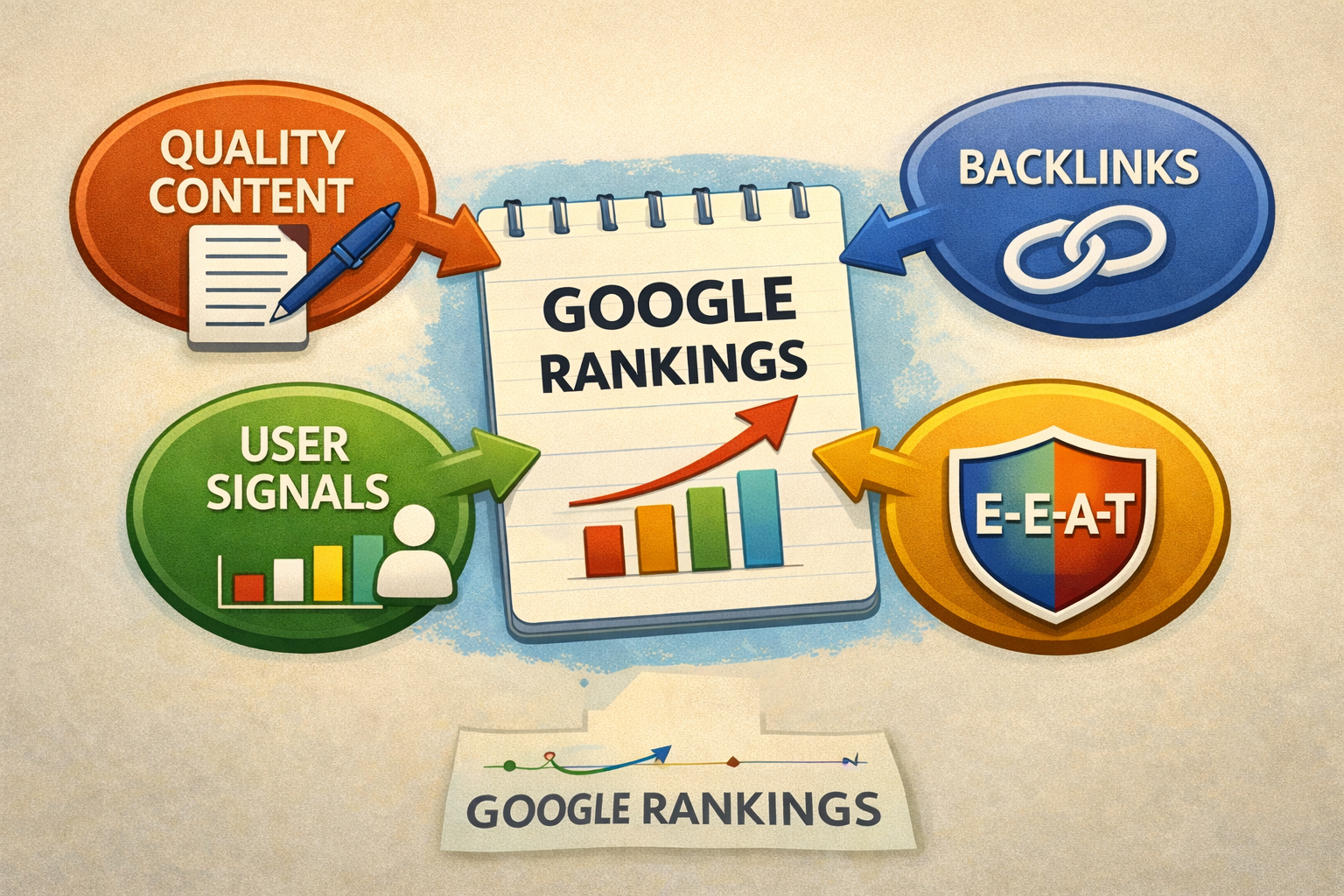 Diagram showing backlinks, content quality, user signals, and E-E-A-T feeding into Google rankings