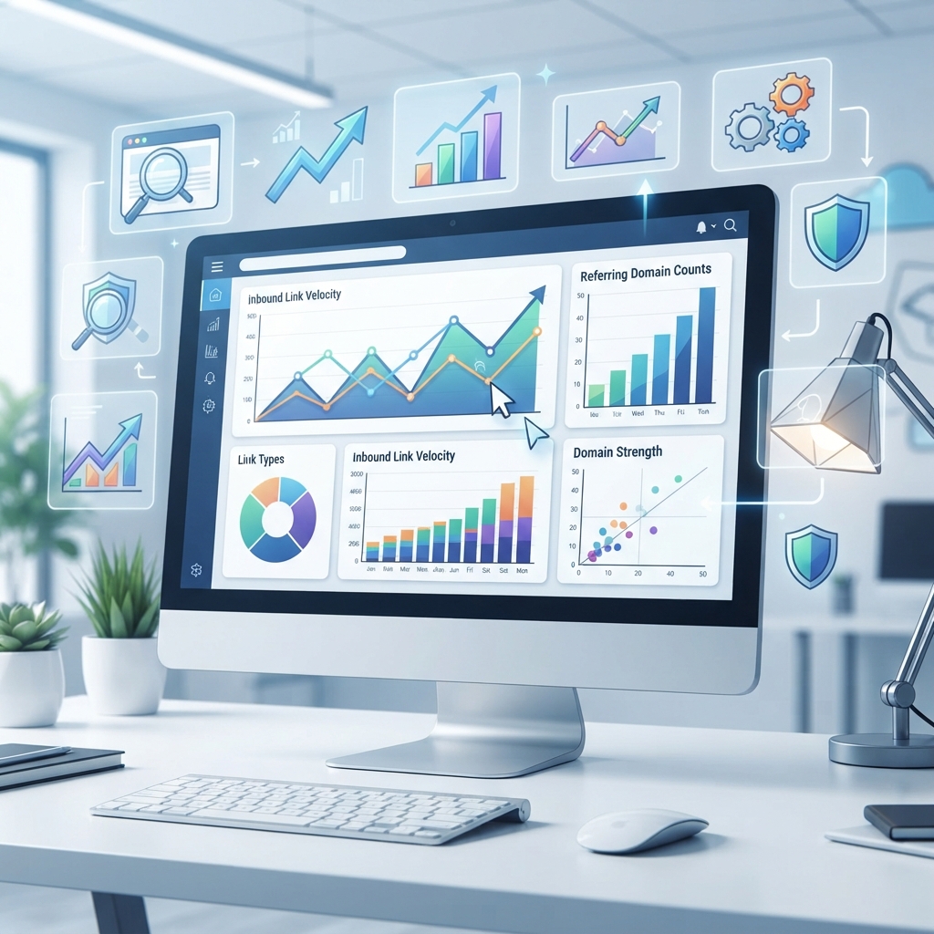 A detailed infographic-style illustration depicting a modern desktop computer screen displaying data charts, trend lines, and backlink velocity metrics from popular SEO platforms like Ahrefs, SEMrush, and Google Search Console. The screen features interactive graphs showing inbound momentum trajectories and referring domain counts. Surrounding the monitor are sleek floating icons of analytical tools, graphs, and magnifying glasses. The overall aesthetic is bright, professional, and clean with a tech-forward corporate color scheme.