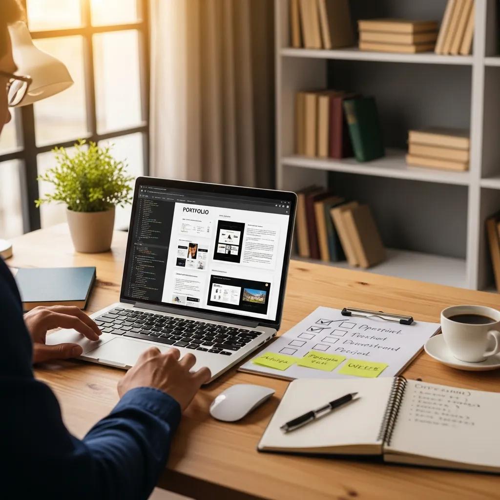 Person reviewing a web development portfolio with a checklist