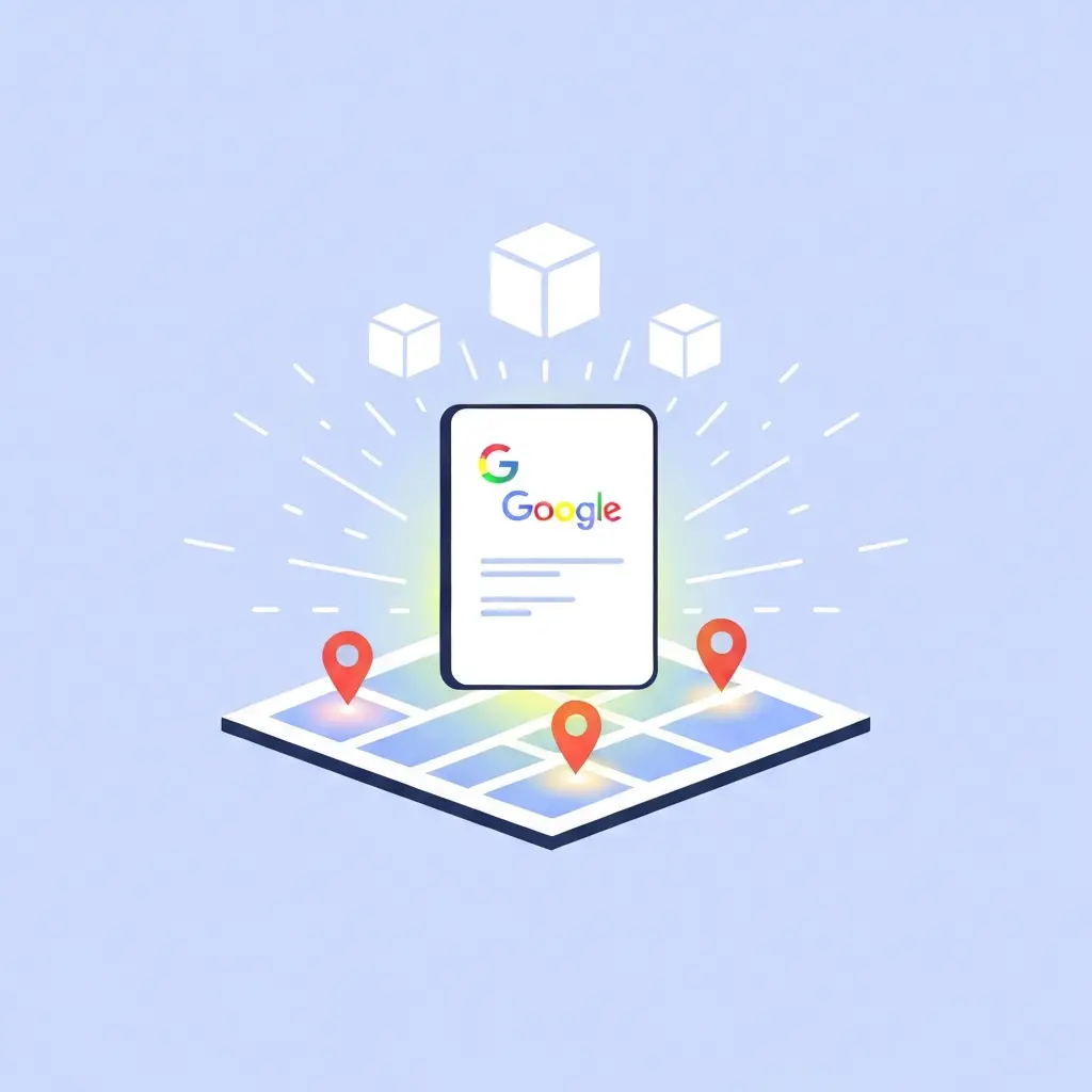 A prominent, glowing representation of a Google Business Profile card as the central anchor, without any discernible text or branding. From this central element, stylized light rays or energetic connections extend outwards to a simplified, abstract map of a local neighborhood, illuminating multiple location pins. Above the map, three distinct, simplified box shapes are arranged vertically, subtly hinting at the 'Local Pack' visibility. The style should be a modern, clean flat illustration, emphasizing connection and foundational importance with a bright, digital color scheme.