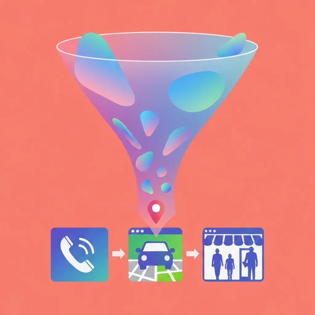 A vibrant, transparent sales funnel illustration demonstrating the local SEO conversion journey. At the wide top, abstract shapes symbolizing local search queries are entering. As they pass through the narrowing funnel, they transform into distinct iconographic outputs at the bottom: a phone receiver, a car driving towards a pin on a map, a website browser window, and a silhouette of people walking into a storefront. The illustration should use smooth gradients and a clear, infographic style, making the flow and transformation visually intuitive.