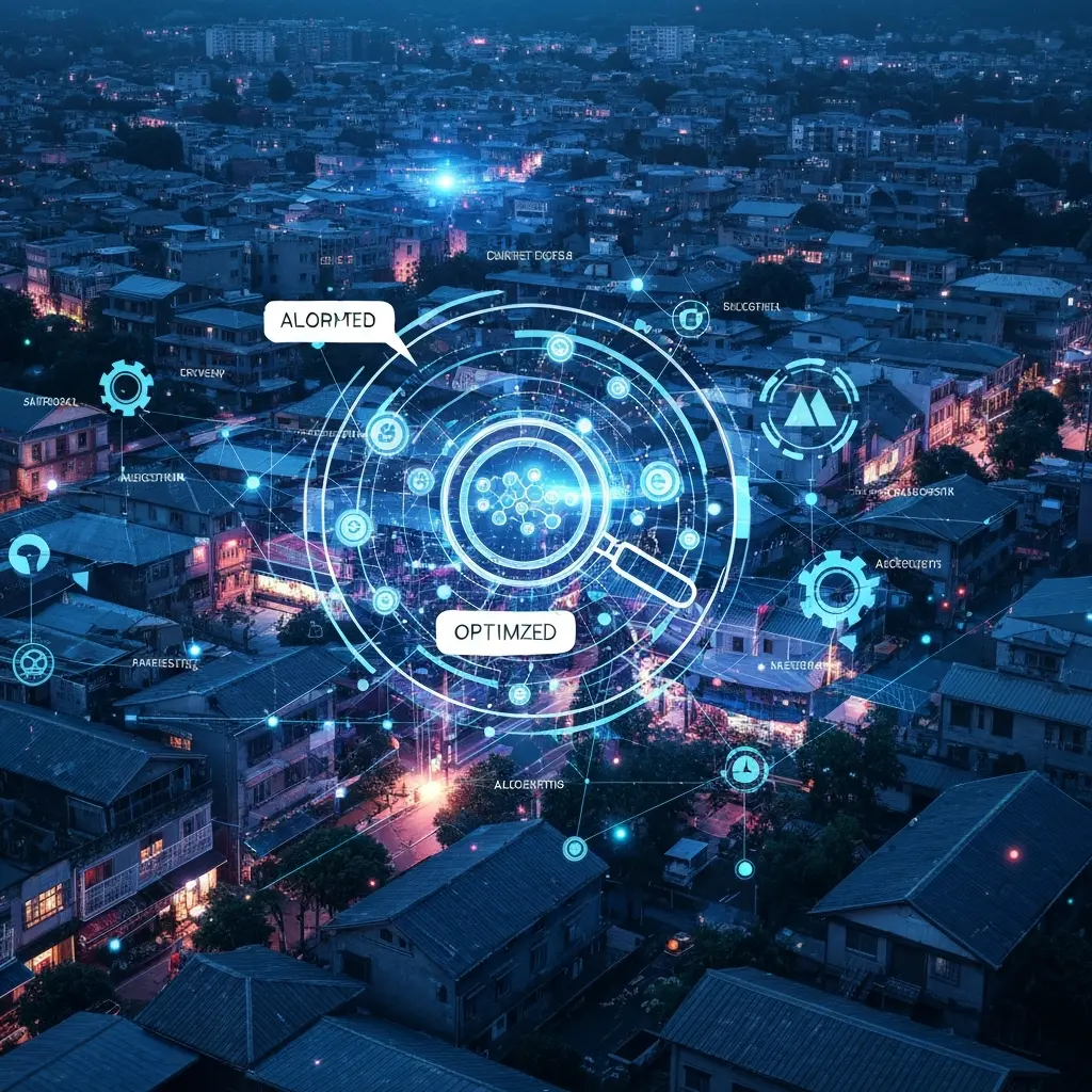A dynamic, abstract illustration depicting a bustling local cityscape or neighborhood viewed from slightly above. Overlaying this scene is a sophisticated network of glowing data points, interconnected lines, and abstract shapes suggesting AI analysis and algorithm updates. A subtle magnifying glass element hovers over a cluster of optimized data points, highlighting precision and strategic insight. The overall style should be futuristic digital art, conveying complexity and intelligence, with a color scheme dominated by deep blues, electric neons, and subtle glowing effects.