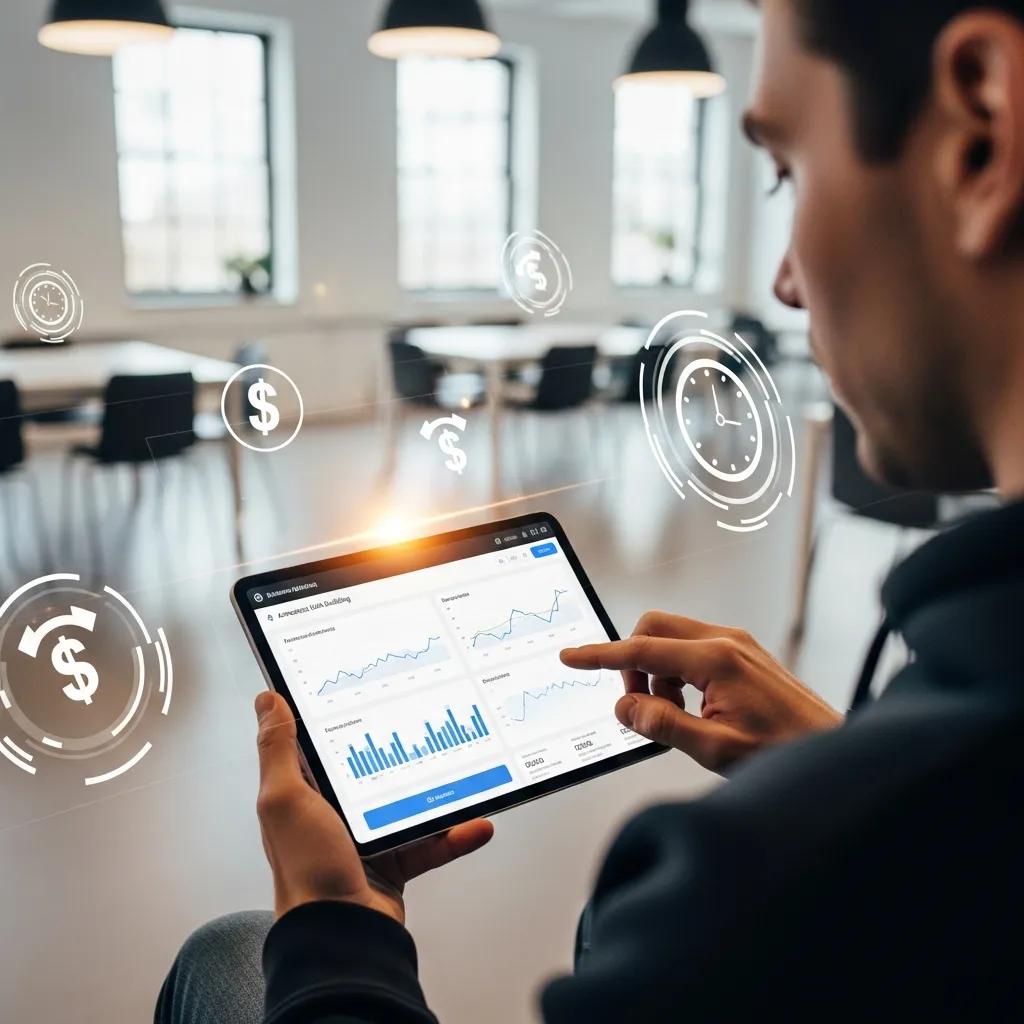 Person using automated link‑building software on a tablet to review cost and time savings