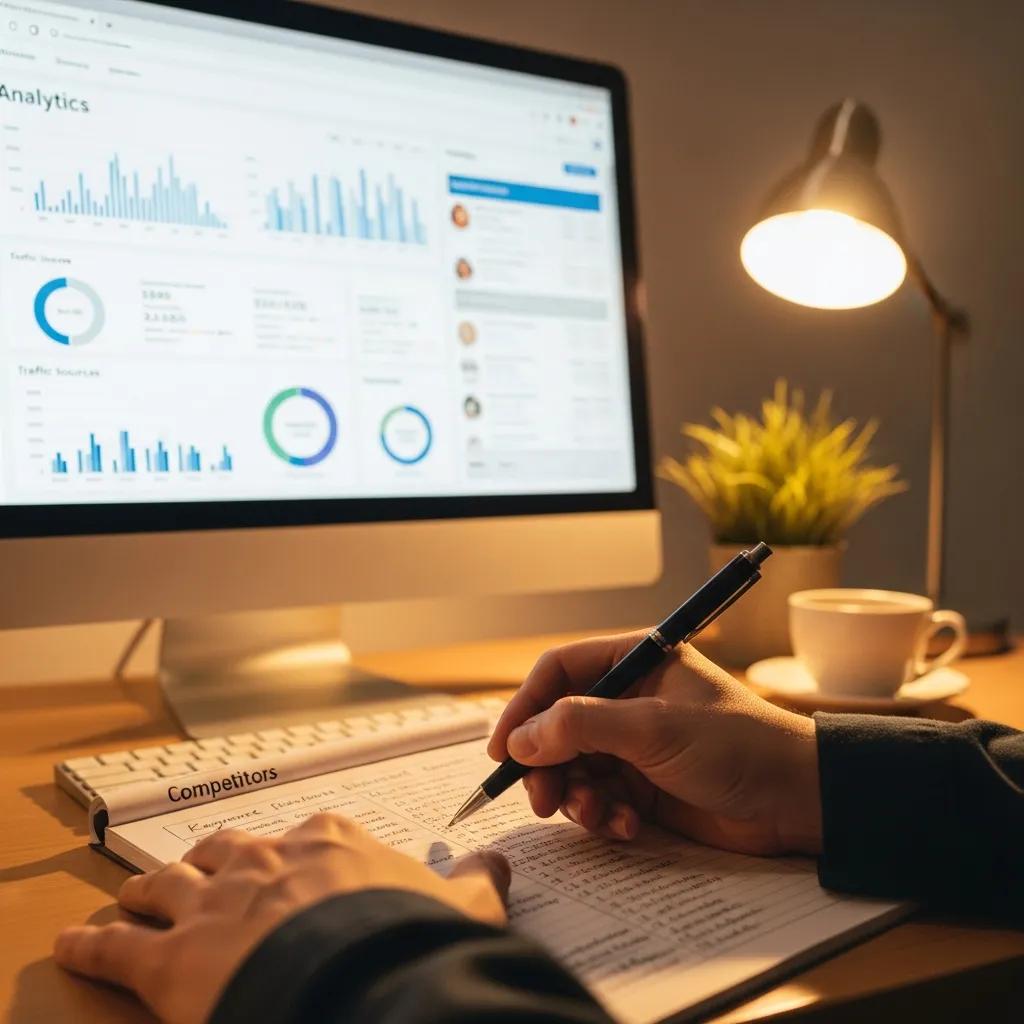 Person reviewing keywords and analytics for traditional SEO