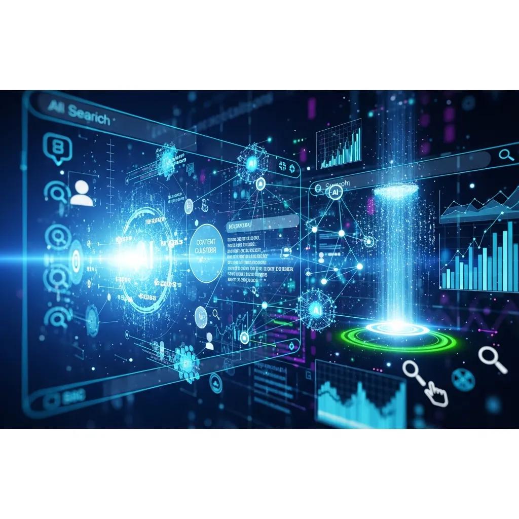 Futuristic interface showing AI trends and SEO data