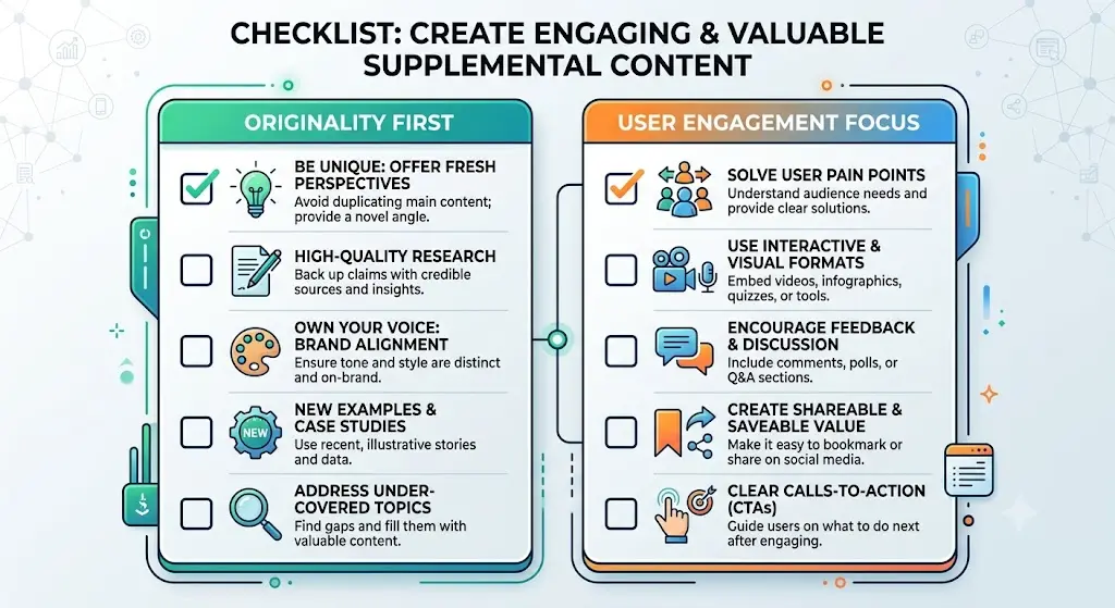 Checklist with tips for creating engaging and valuable supplemental content, highlighting originality and user engagement