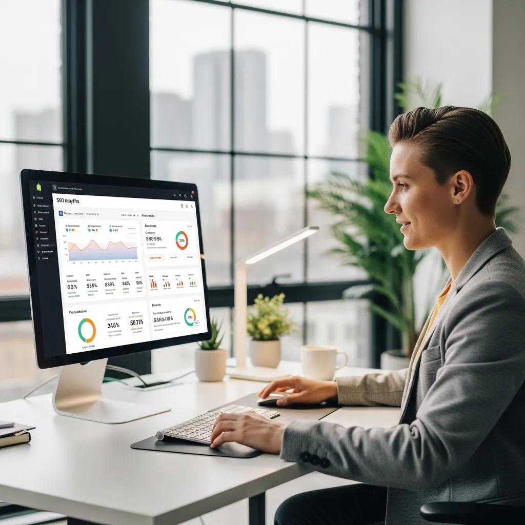 Marketing dashboard: SEO performance metrics for a Shopify store on a screen