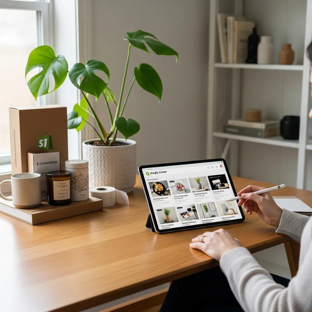 Person browsing the Shopify Help Center on a tablet in a modern home office