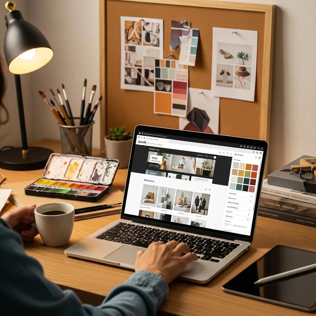 Person customizing a Shopify theme on a laptop in a cozy workspace