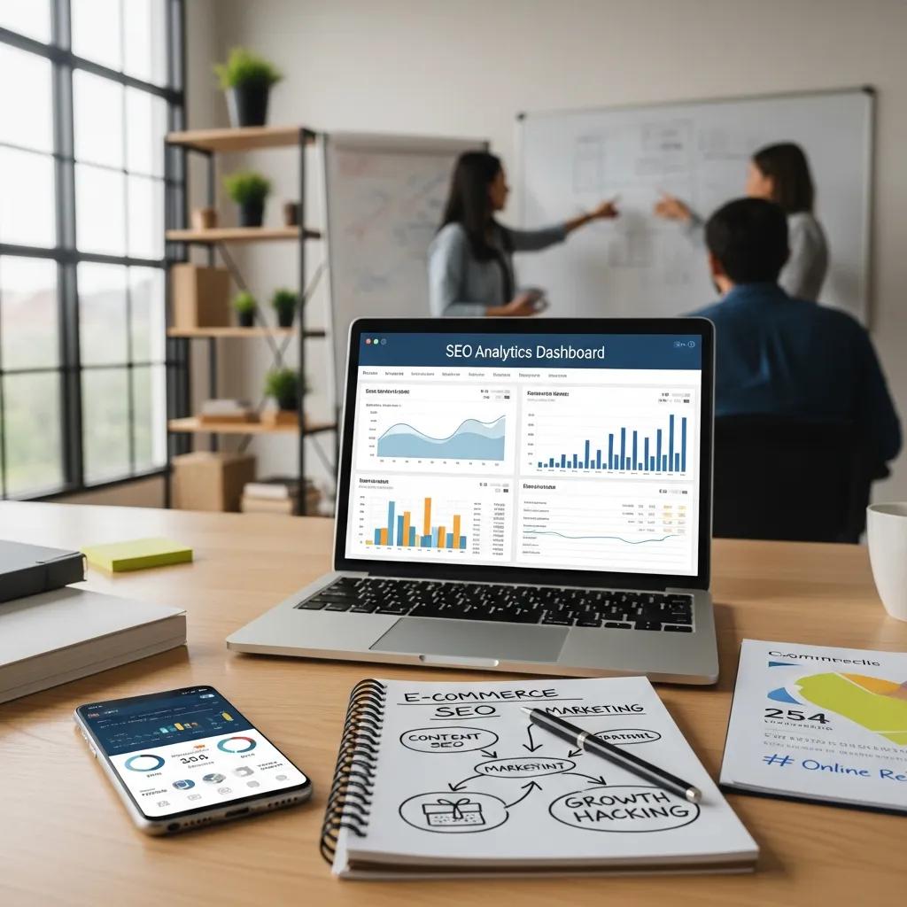 SEO analytics on a laptop during a marketing strategy session