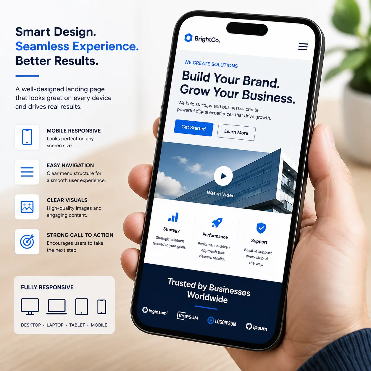 A smartphone displaying a well-designed landing page with user-friendly navigation and clear visuals, showcasing mobile responsiveness.