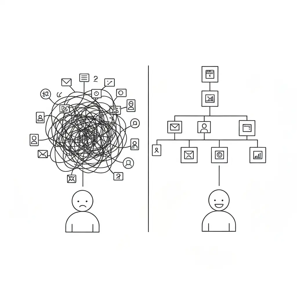 A professional infographic-style illustration contrasting a disorganized website experience with an organized one. On the left, a tangled, chaotic web of meandering lines and scattered, disconnected icons represents a confusing website, with a subtly frustrated user icon in the foreground. On the right, a clear, tree-like hierarchy of neatly connected boxes and straight lines symbolizes a well-navigated website. A happy, confident user icon is seen easily moving between these structured elements. The two sides are distinctly separated by a subtle visual divider, highlighting the transformation from confusion to clarity.