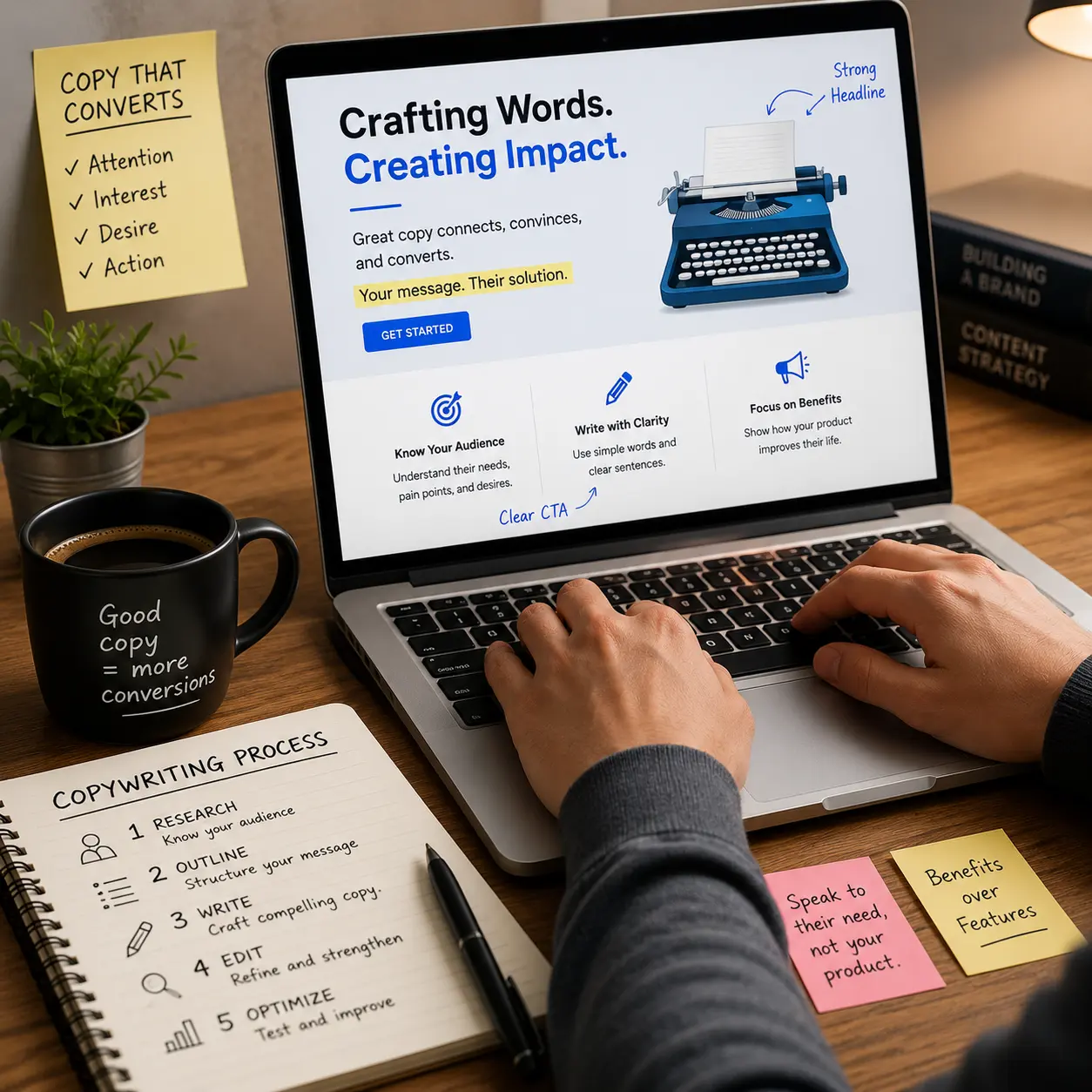 A person typing on a laptop with notes and a cup of coffee nearby, illustrating the process of crafting compelling marketing copy.