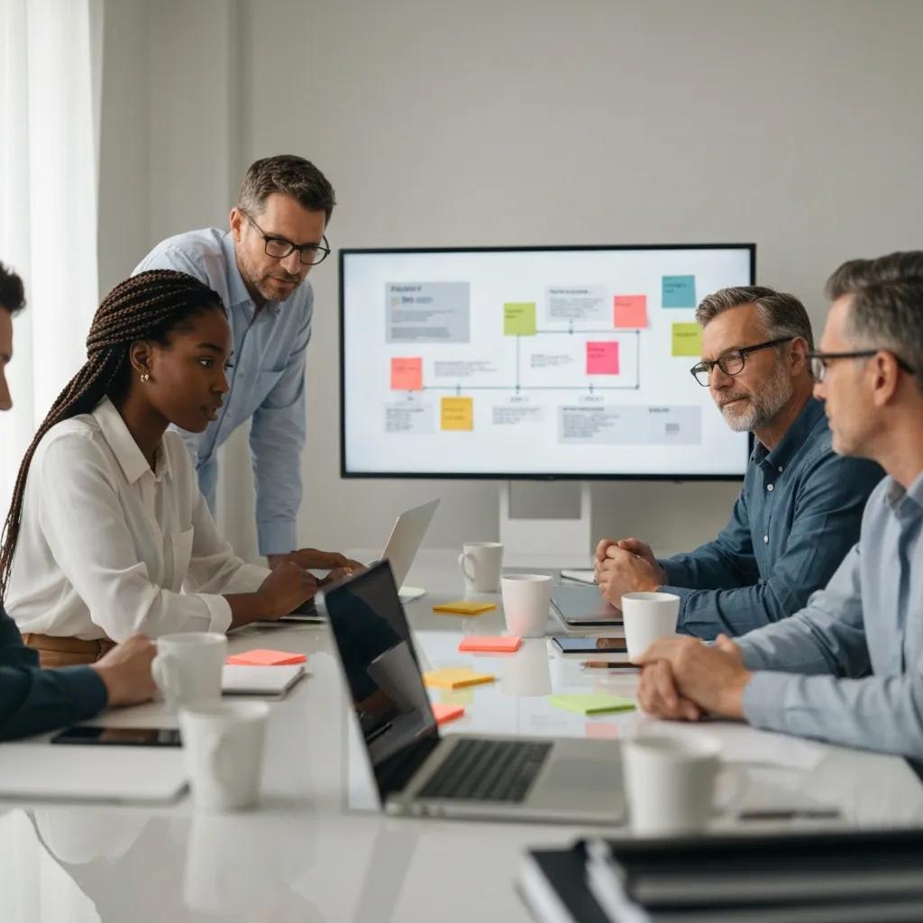 Project management team discussing strategy in a meeting