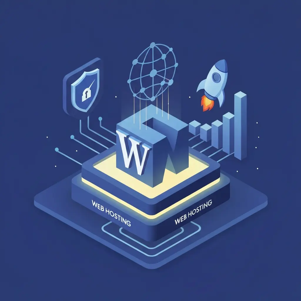 An isometric 3D illustration showcasing the foundational elements of a WordPress dropshipping business setup. A sturdy, glowing platform represents 'web hosting,' with abstract data flow lines emanating from it. Rising from this platform is a stylized, interconnected globe or network icon symbolizing a 'domain name,' pointing towards a central, abstract representation of WordPress (its iconic 'W' logo stylized as a robust building block). Surrounding elements subtly hint at security (a shield icon), performance (a speedometer or rocket), and scalability (a growing bar graph), all interlocking to form a solid and reliable base for an online store. The overall aesthetic should be clean, modern, and professional.
