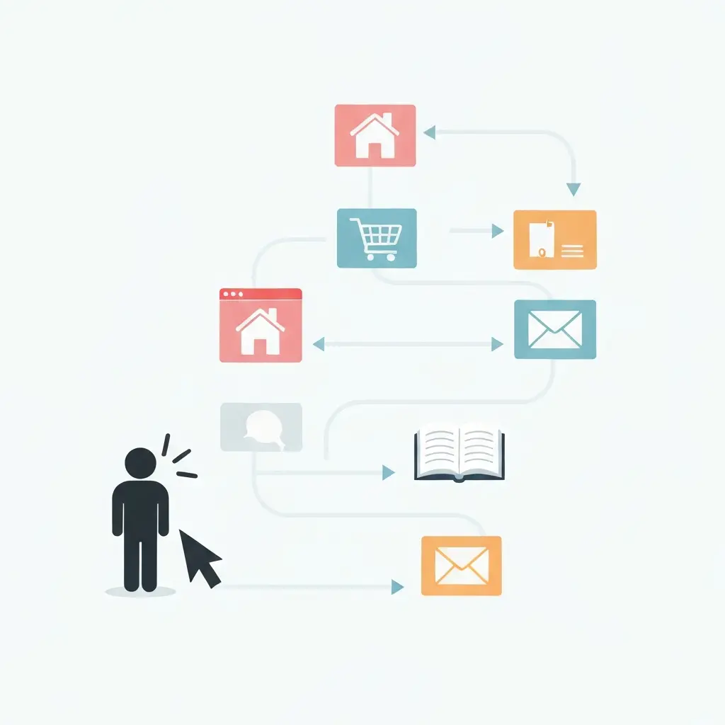 A flat illustration depicting a user's journey through a website. A stylized human figure (or cursor icon) stands at the beginning of a clear, winding path. Along the path are various distinct, visually differentiated sections, like stylized icons for common website pages (e.g., a house for home, a shopping cart for products, an open book for blog, an envelope for contact), without any actual text. The path is clearly defined, with subtle arrows guiding the user smoothly from one section to the next, symbolizing effortless progression and easy content discovery. The overall impression is a user-friendly experience, with a clean and minimalistic background.