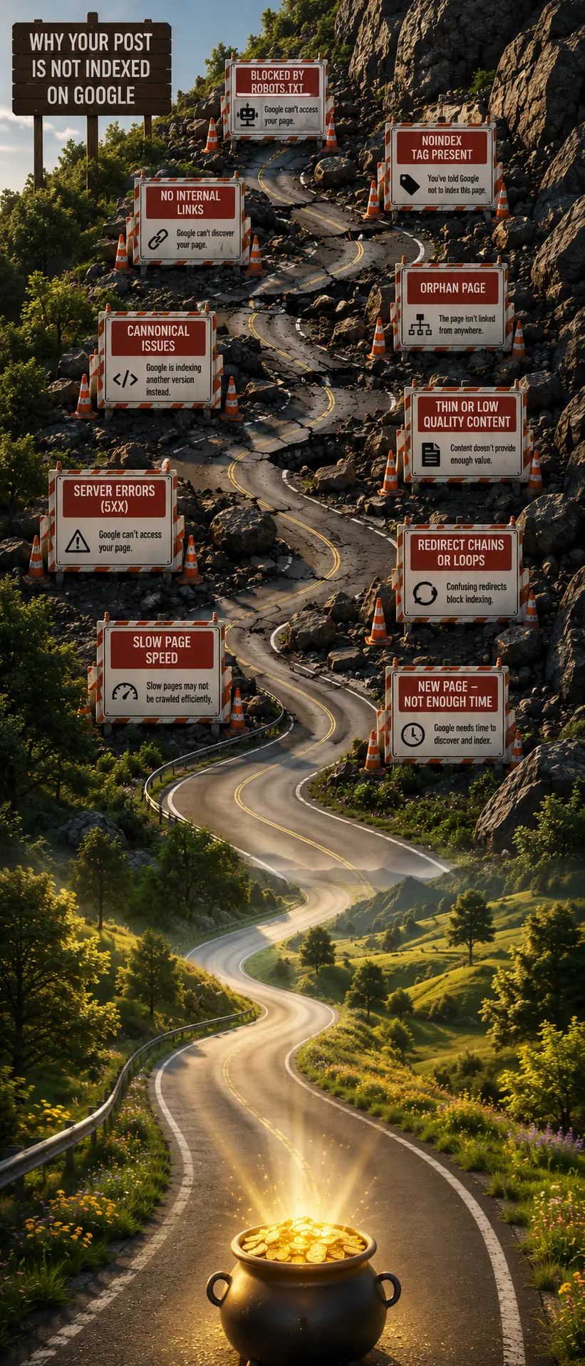image of a road with potholes. It is a depiction of a guest post being blocked by Google and by using BKThemes it leads to a pot of gold.