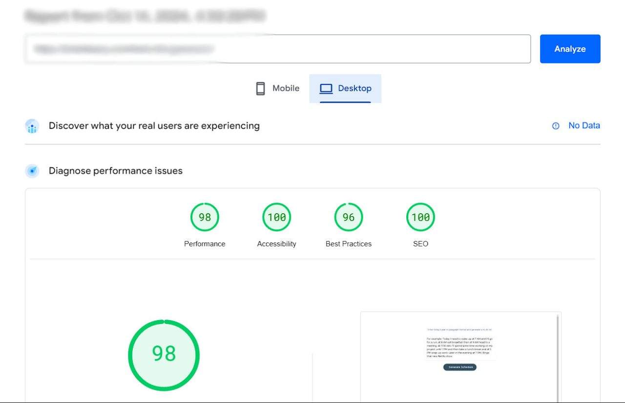 Desktop site speed example