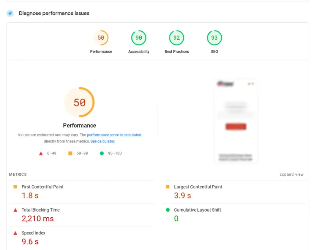 Mobile site speed before optimization